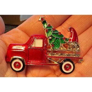 Red Christmas Truck Brooch with Tree and Gnome, Enamel Holiday Pin, Costume